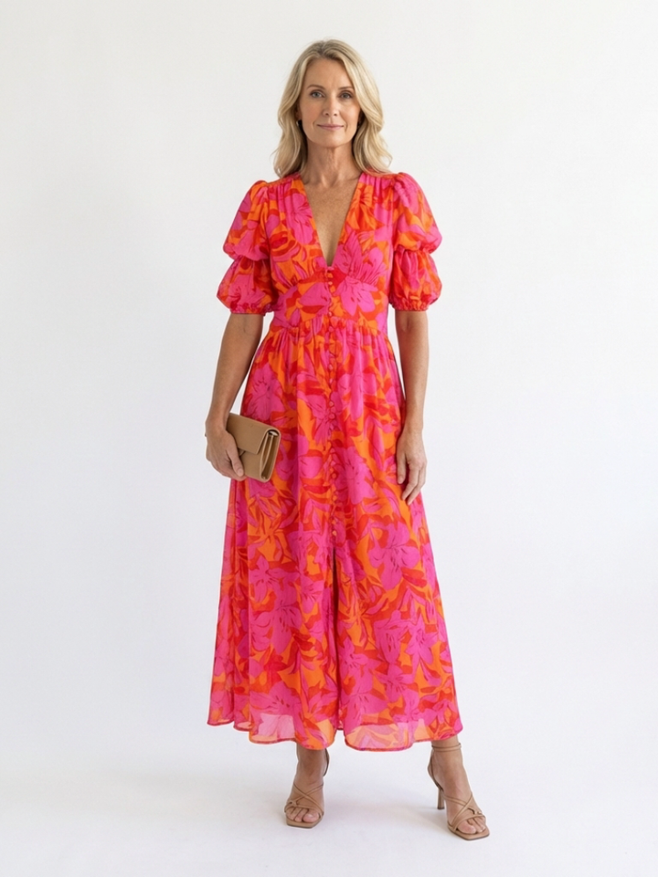 Stella &amp; Grace™ | Floral V Neck Puff Sleeve Midi Dress