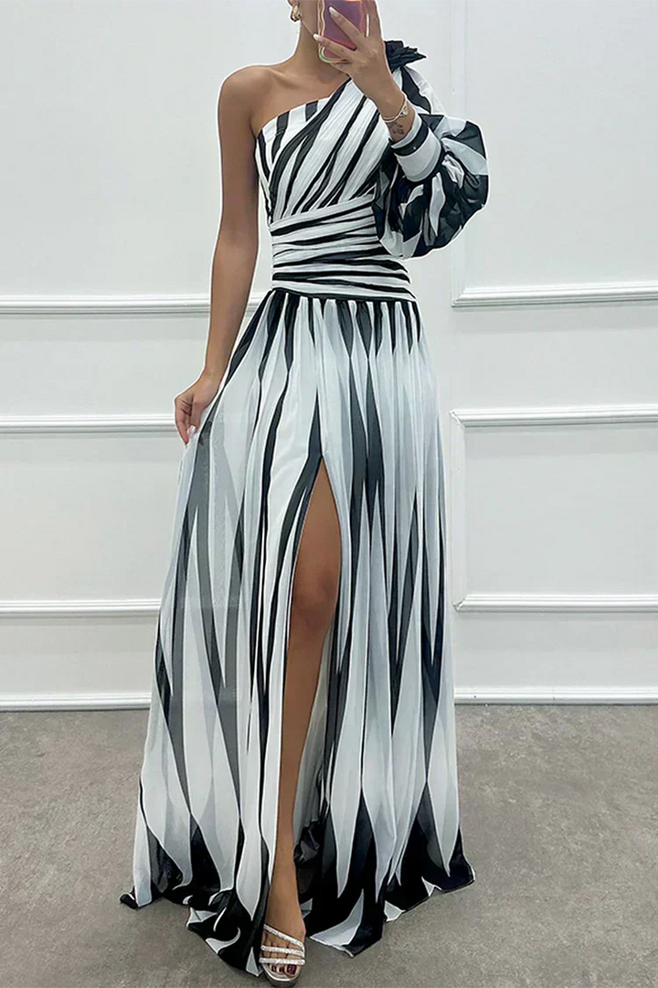Emeline New York™ | Elegant Striped Maxi Dress with One Shoulder