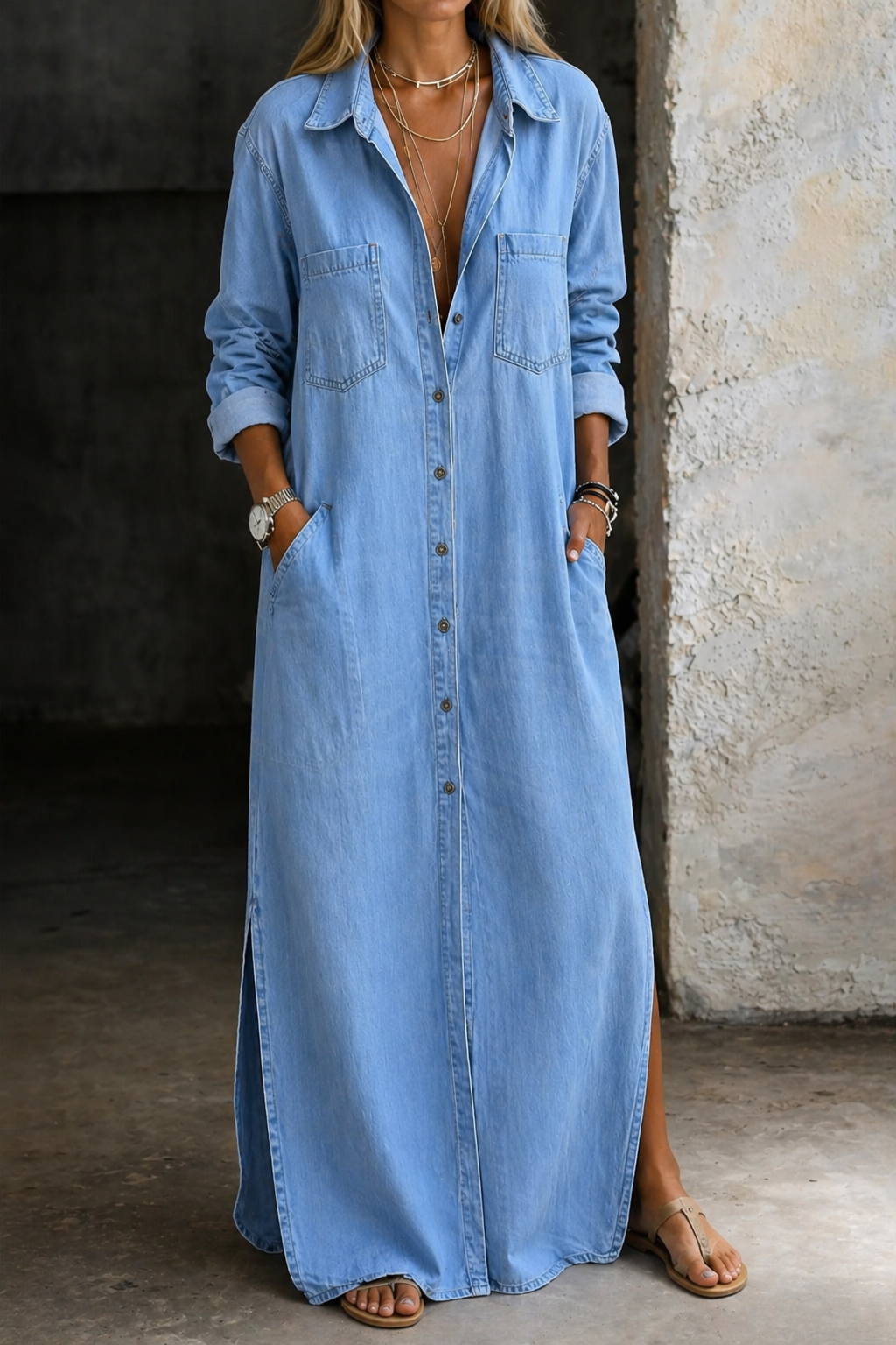 Andrea | Denim Button-Down Maxi Dress