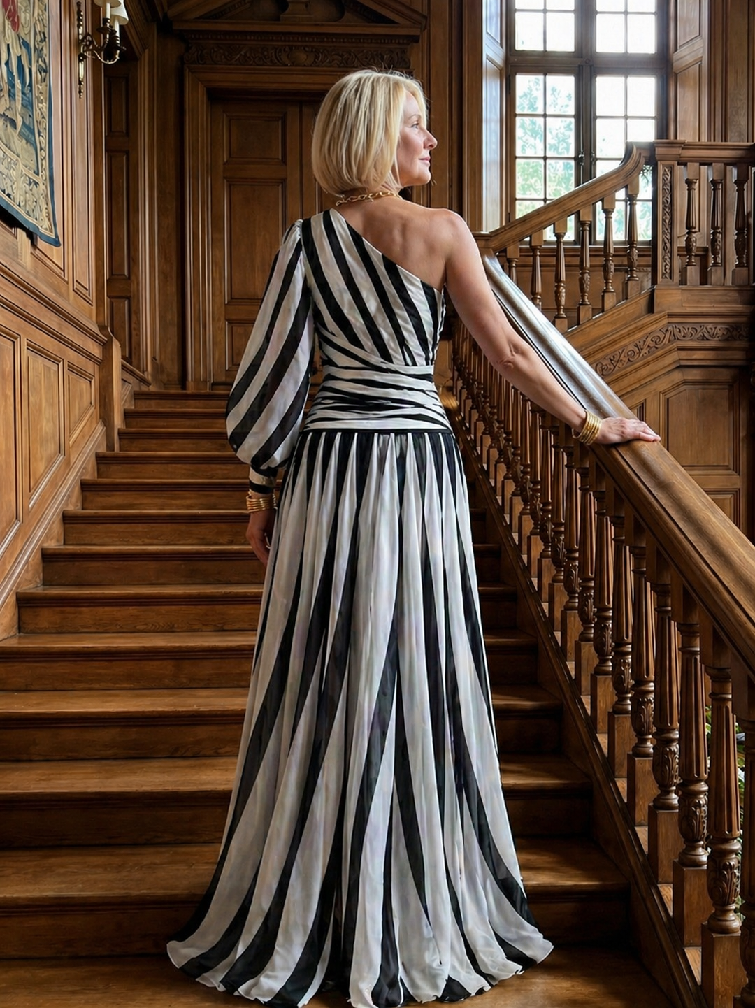 Emeline New York™ | Elegant Striped Maxi Dress with One Shoulder