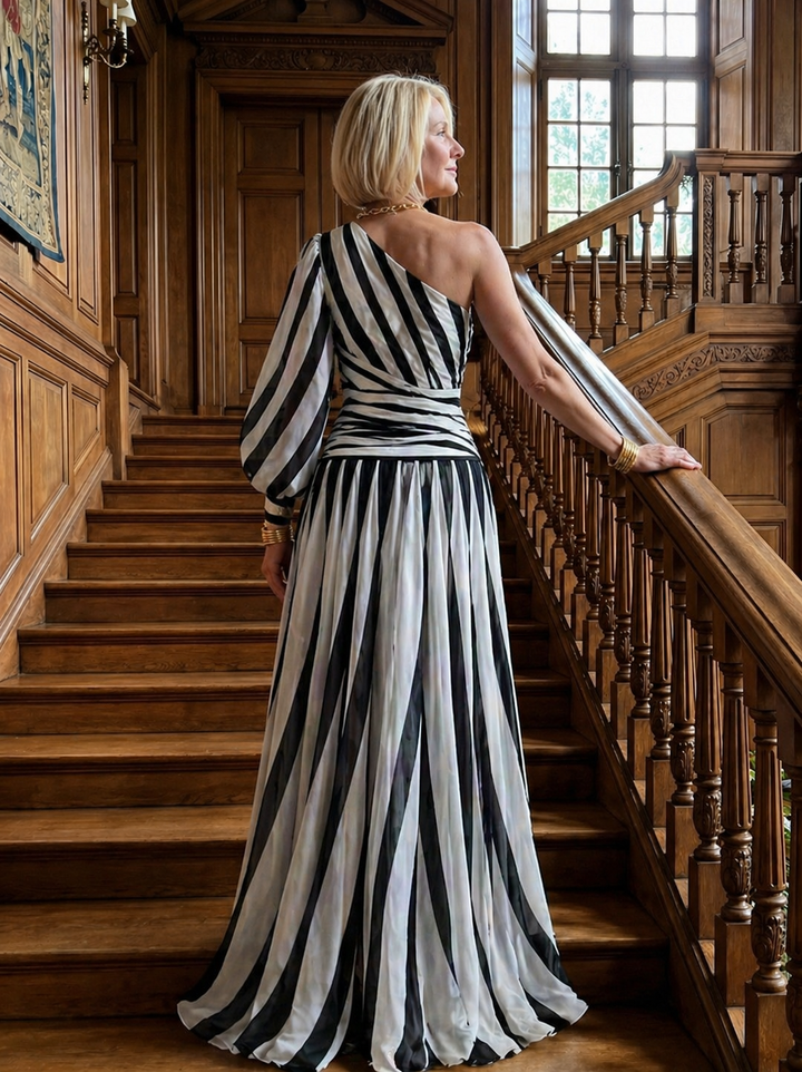 Emeline New York™ | Elegant Striped Maxi Dress with One Shoulder