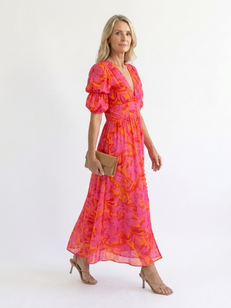 Stella &amp; Grace™ | Floral V Neck Puff Sleeve Midi Dress