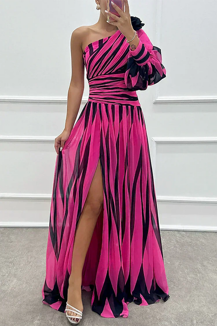 Emeline New York™ | Elegant Striped Maxi Dress with One Shoulder