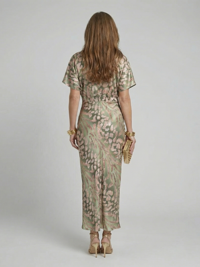 Emeline New York™ | Abstract Print V Neck Twist Waist Midi Dress