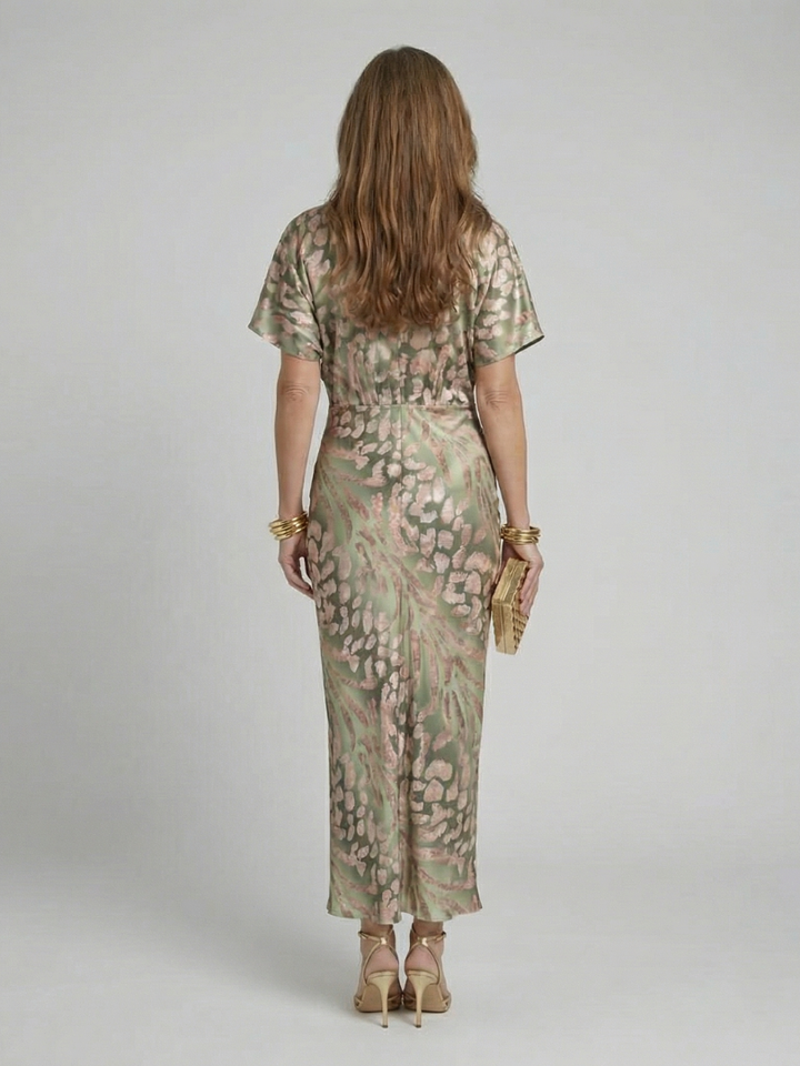 Emeline New York™ | Abstract Print V Neck Twist Waist Midi Dress