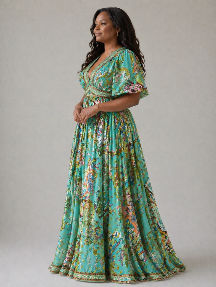 Emeline New York™ | Airy maxi dress with puff sleeves and V-neck