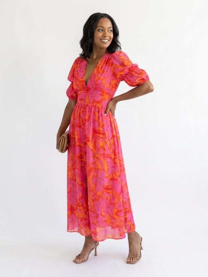 Stella &amp; Grace™ | Floral V Neck Puff Sleeve Midi Dress