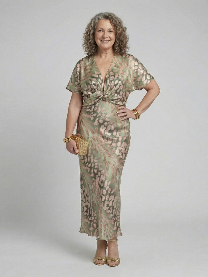 Emeline New York™ | Abstract Print V Neck Twist Waist Midi Dress