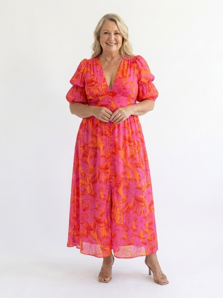Stella &amp; Grace™ | Floral V Neck Puff Sleeve Midi Dress