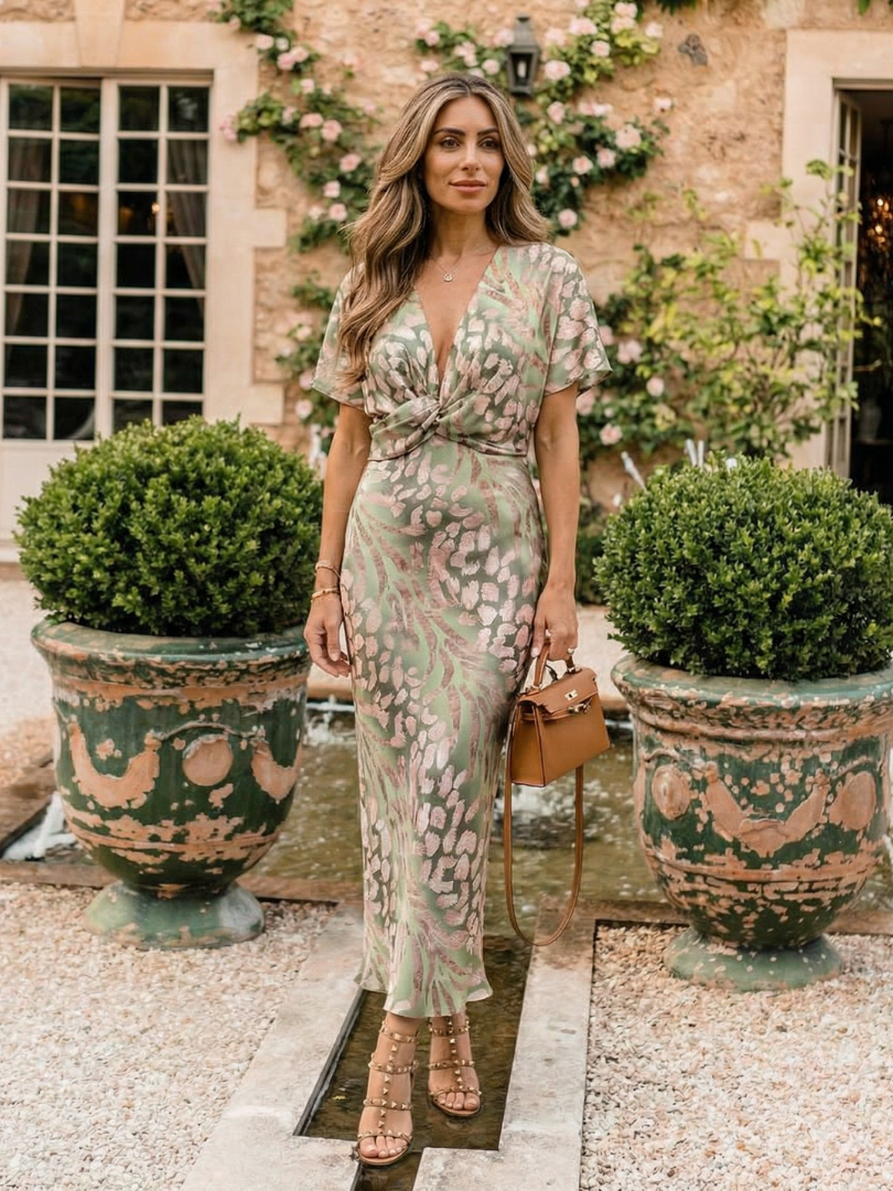 Emeline New York™ | Abstract Print V Neck Twist Waist Midi Dress