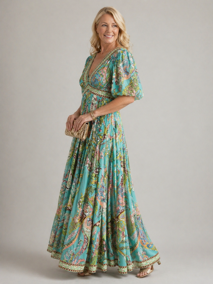 Emeline New York™ | Airy maxi dress with puff sleeves and V-neck