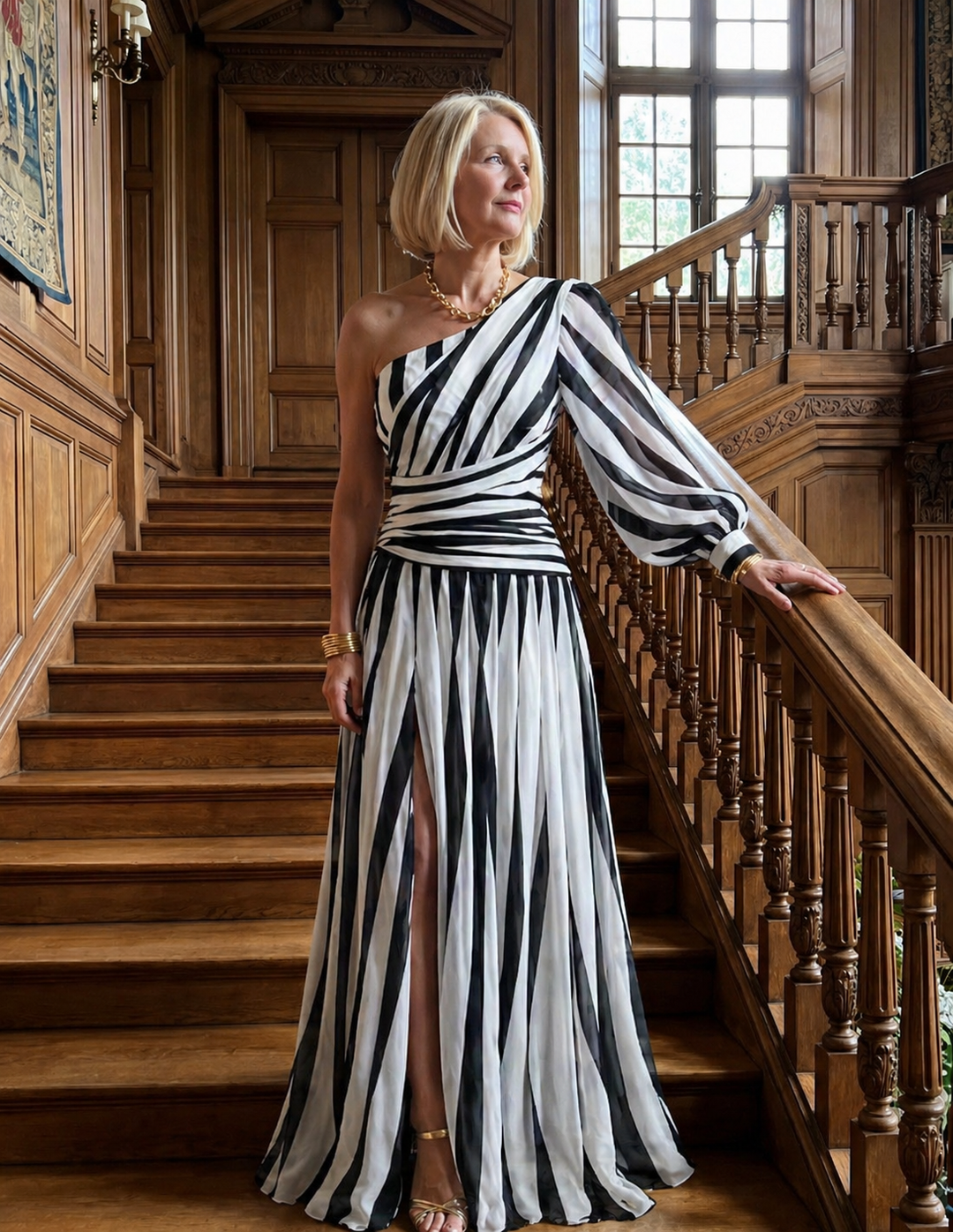 Emeline New York™ | Elegant Striped Maxi Dress with One Shoulder