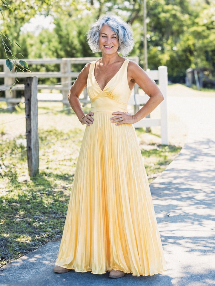 Emeline New York™ | Pleated V-Neck Maxi Dress