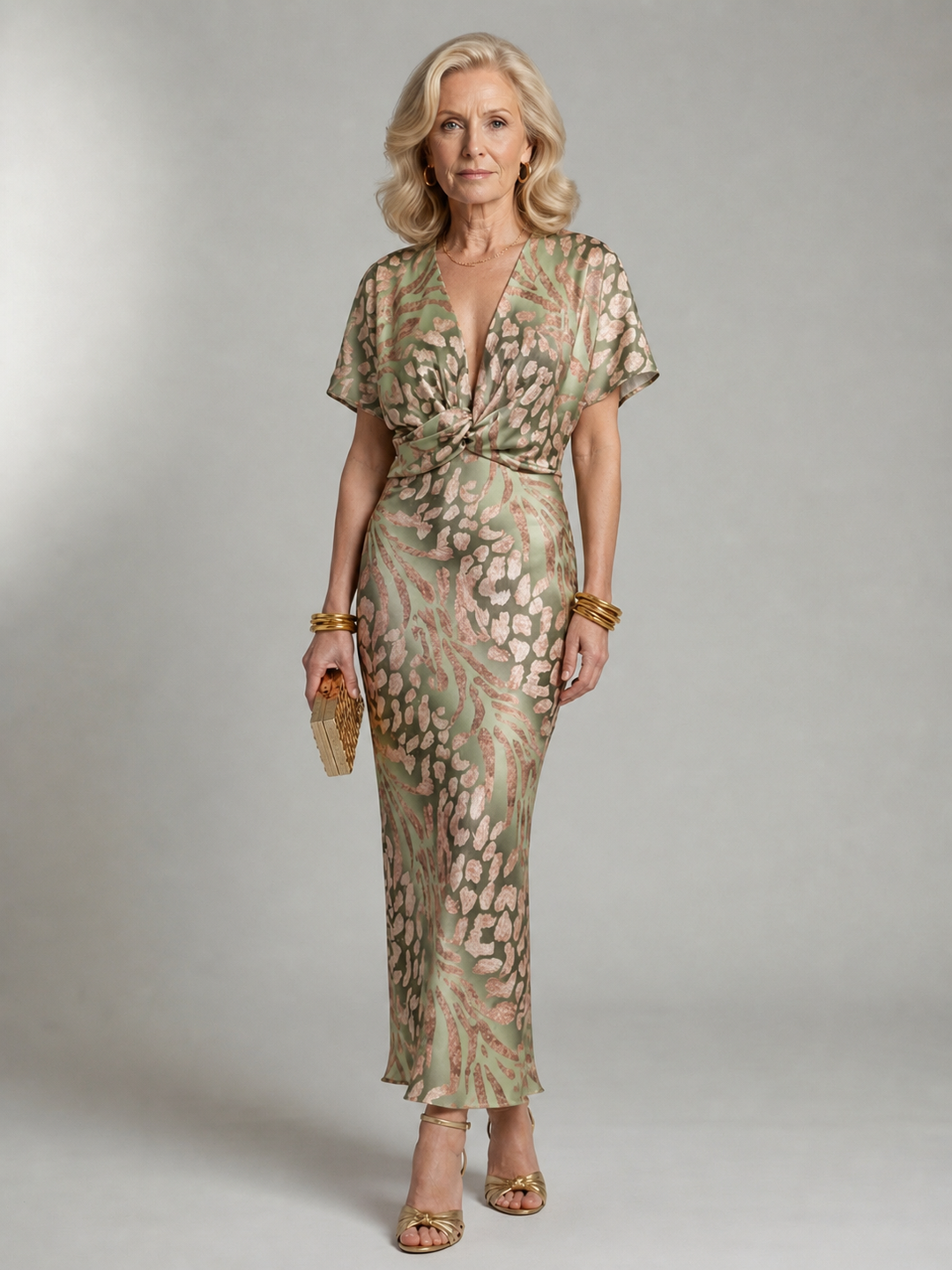 Emeline New York™ | Abstract Print V Neck Twist Waist Midi Dress