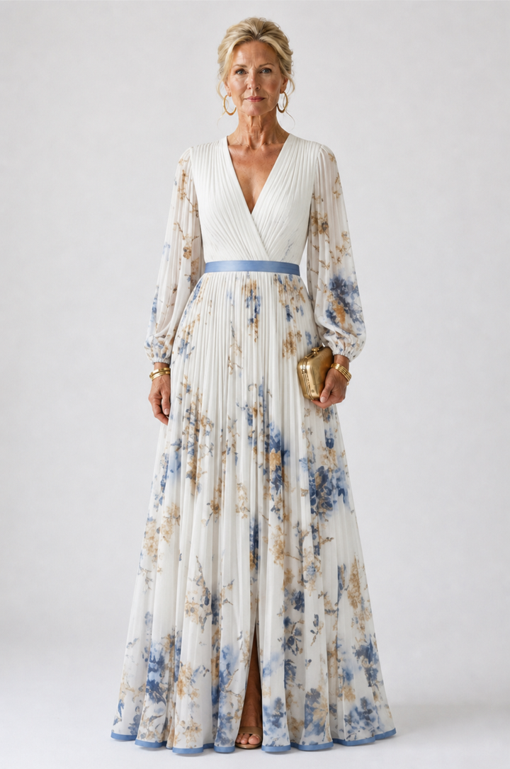 Emeline New York™ | Long Sleeve V Neck Floral Maxi Dress