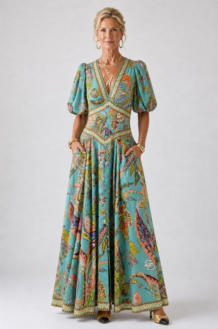 Emeline New York™ | Airy maxi dress with puff sleeves and V-neck