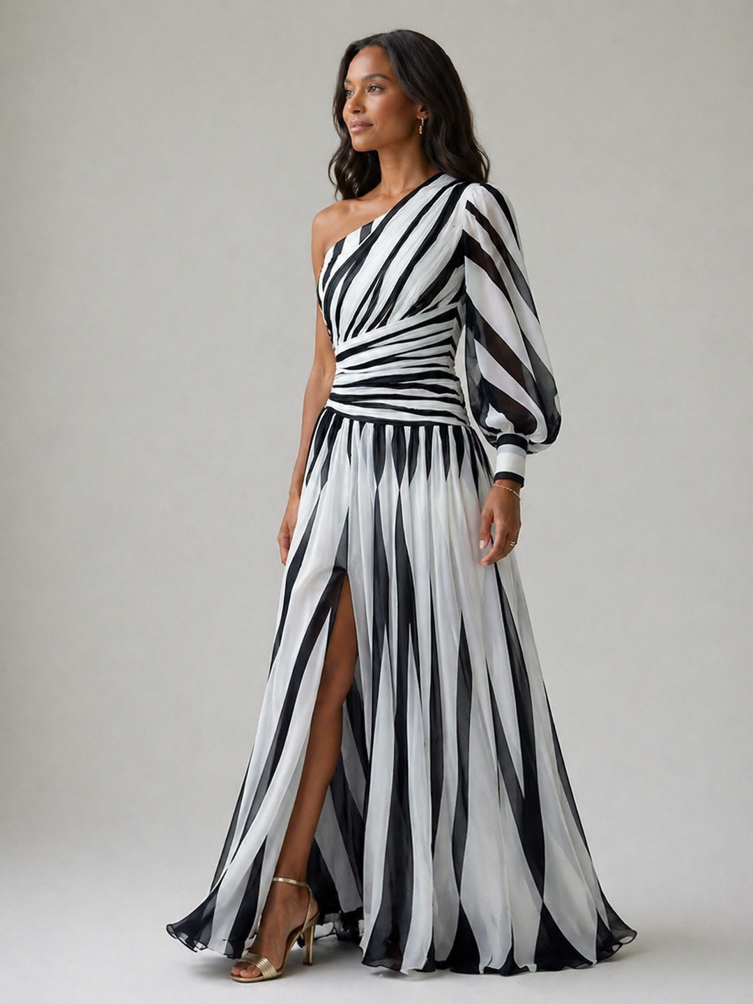 Emeline New York™ | Elegant Striped Maxi Dress with One Shoulder
