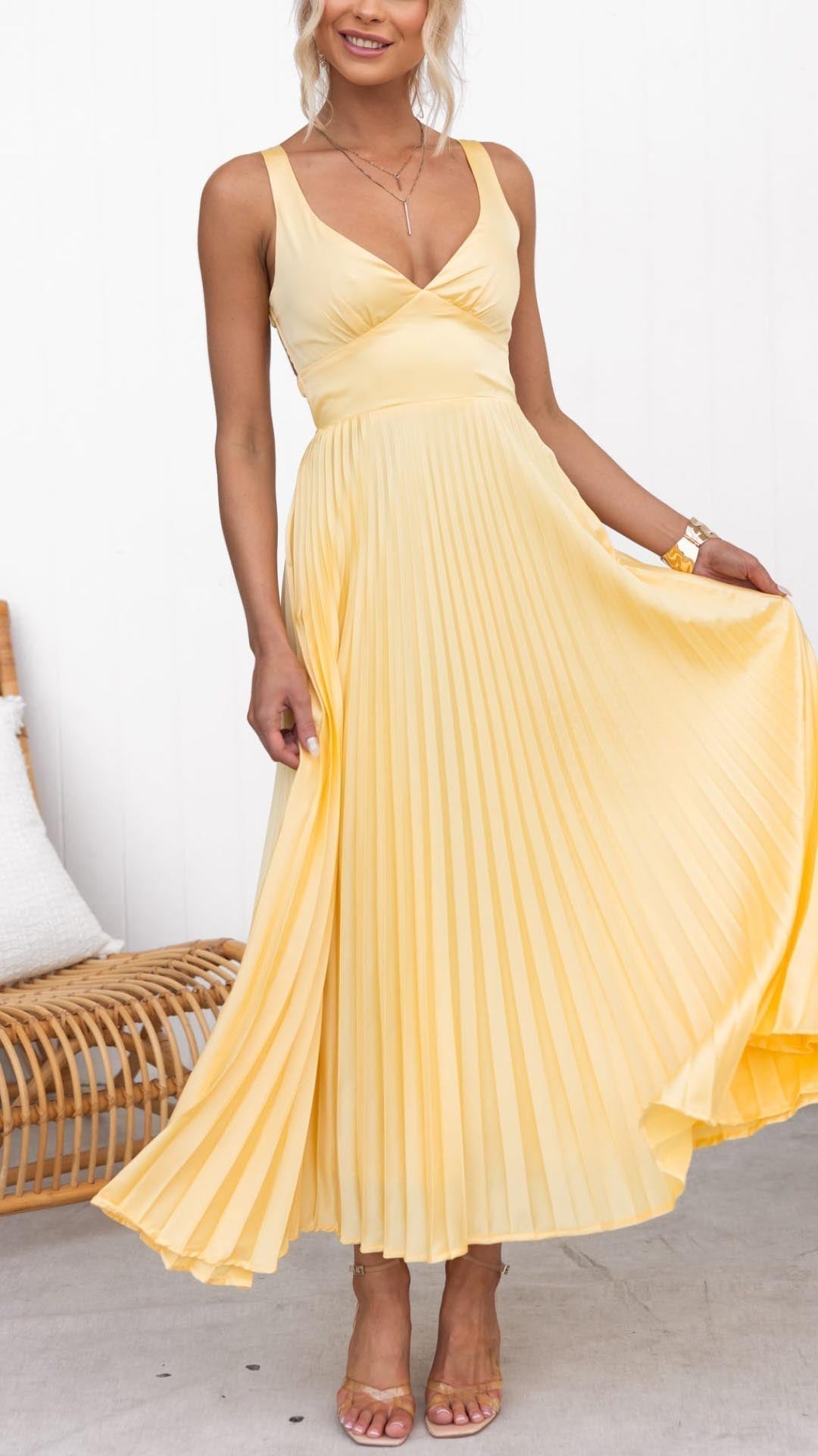 Emeline New York™ | Pleated V-Neck Maxi Dress