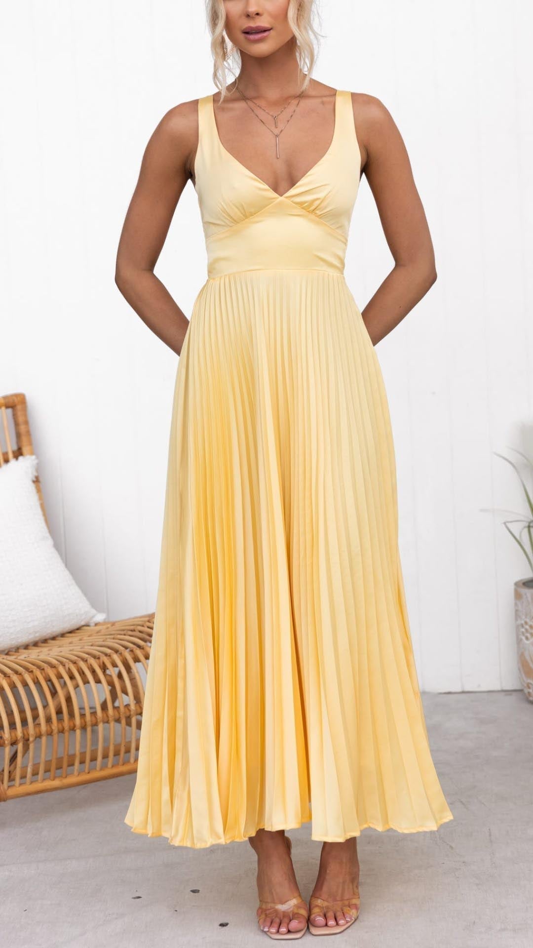 Emeline New York™ | Pleated V-Neck Maxi Dress