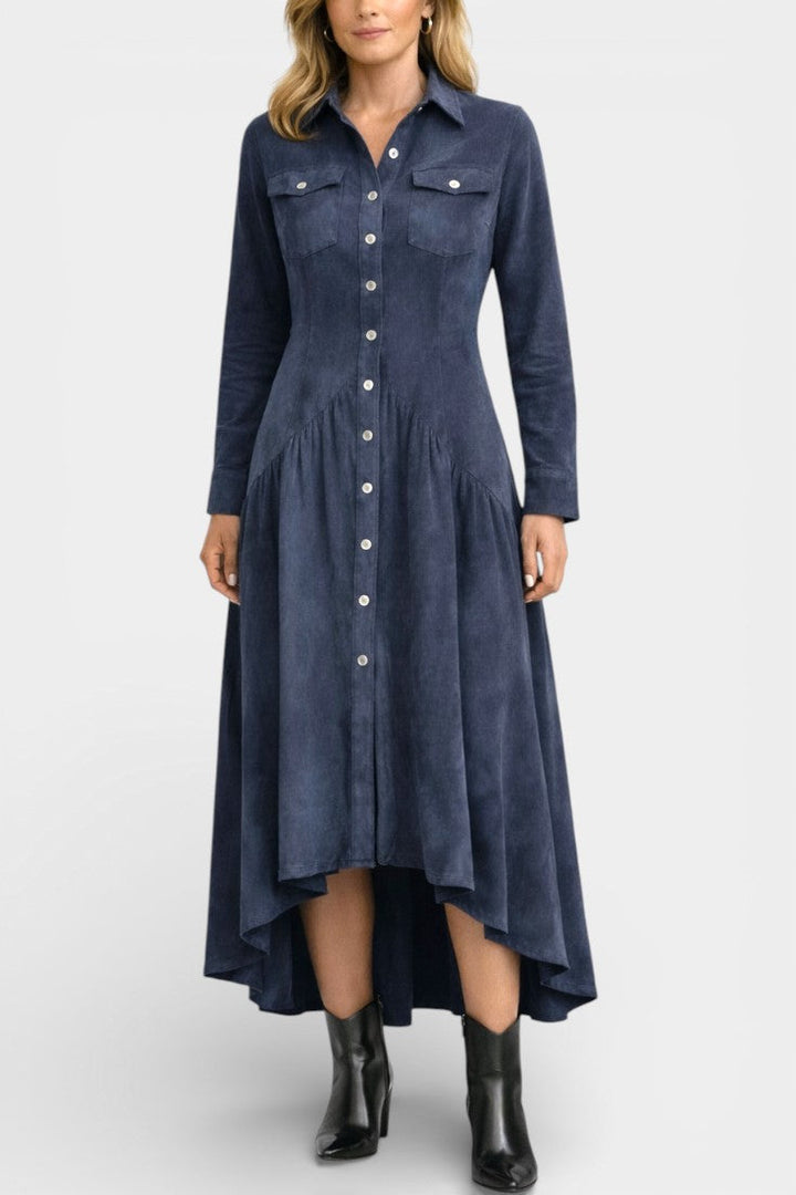 Kélia Retro Midi Dress With Asymmetrical Hem &amp; Flap Pockets