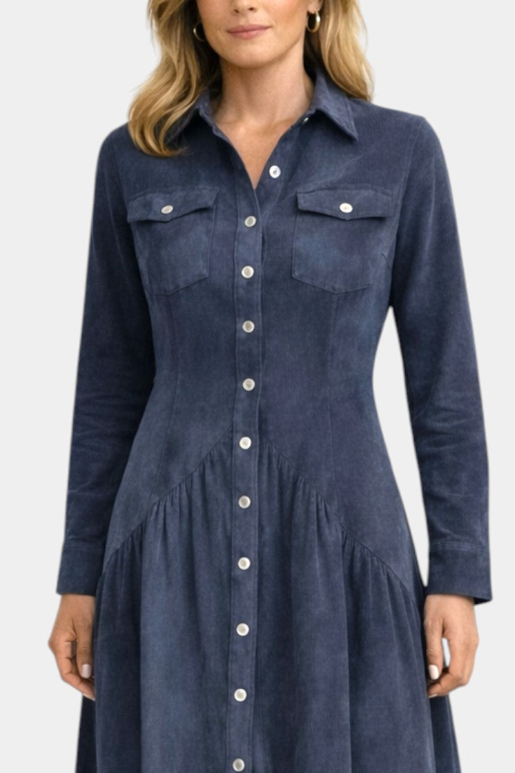 Kélia Retro Midi Dress With Asymmetrical Hem &amp; Flap Pockets