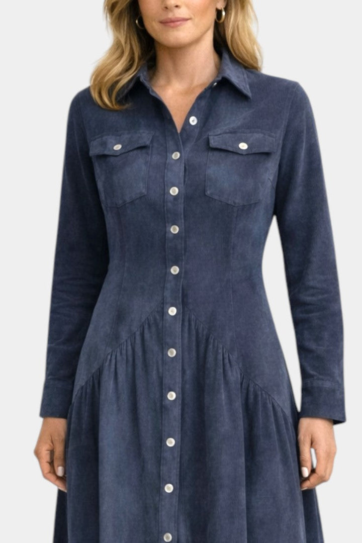 Kélia Retro Midi Dress With Asymmetrical Hem &amp; Flap Pockets