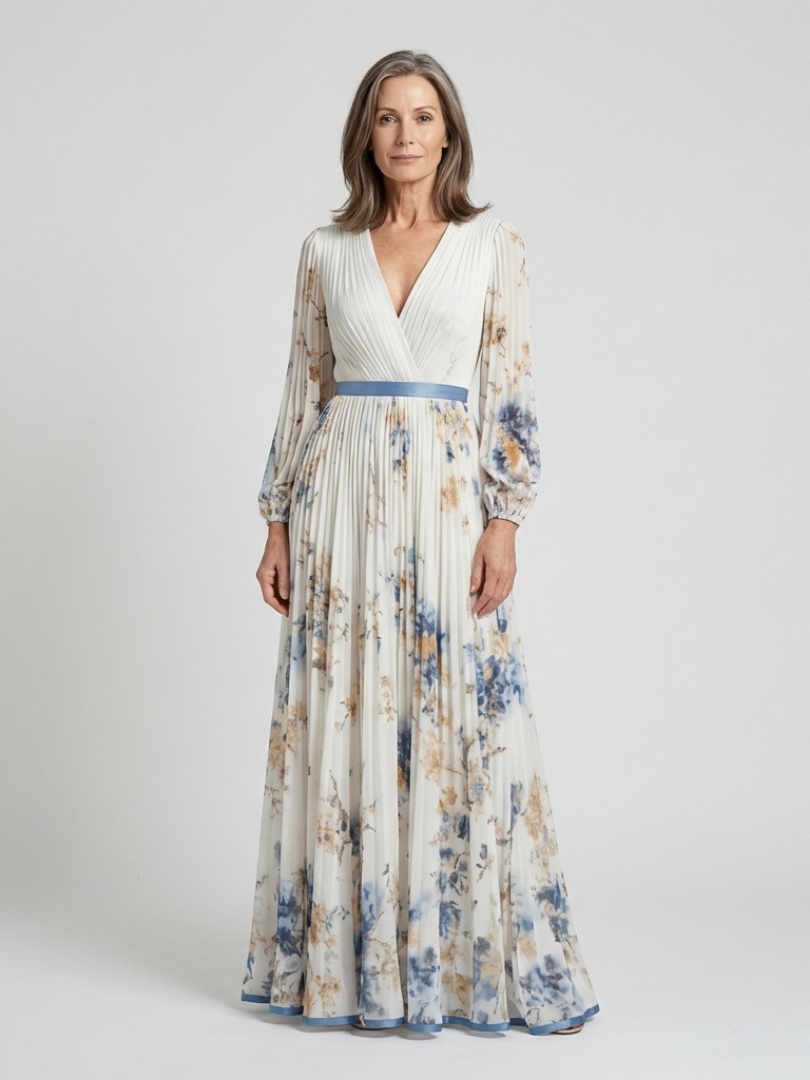 Emeline New York™ | Long Sleeve V Neck Floral Maxi Dress
