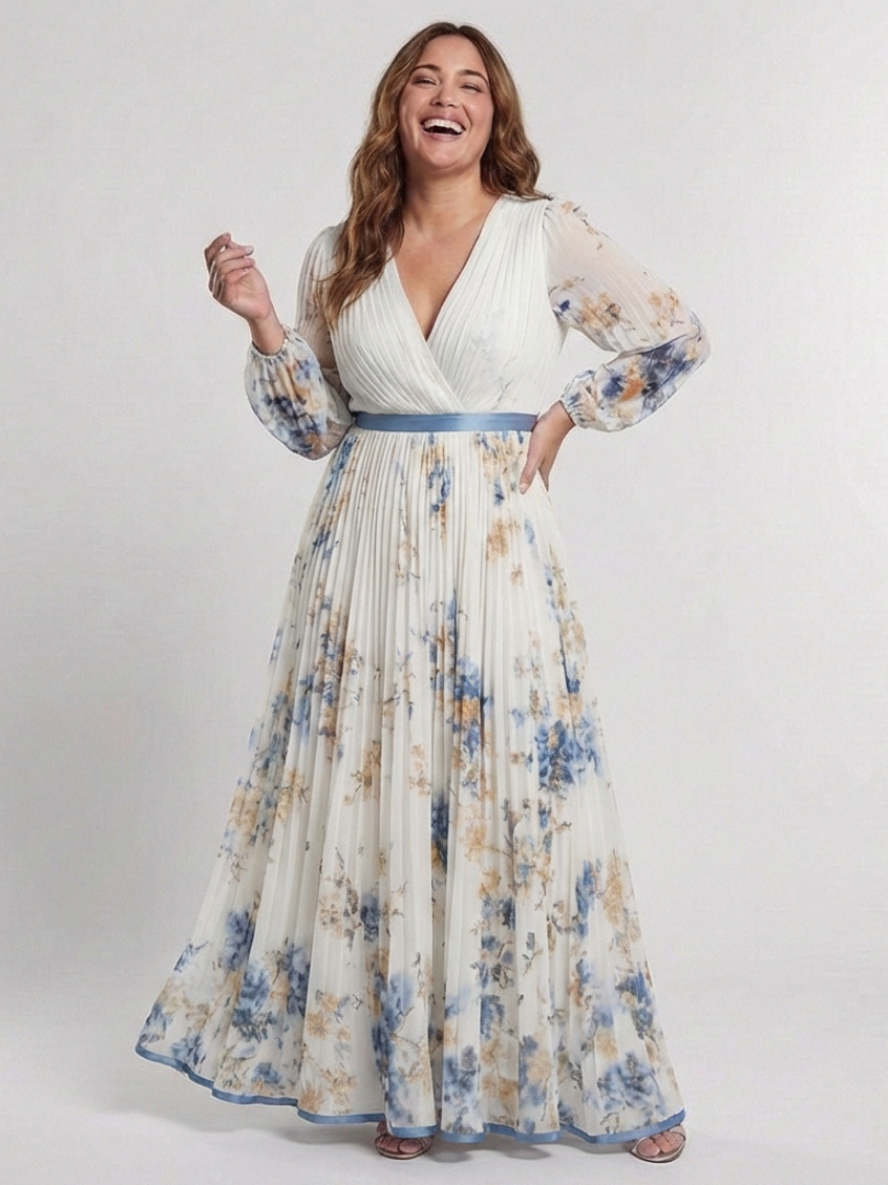 Emeline New York™ | Long Sleeve V Neck Floral Maxi Dress