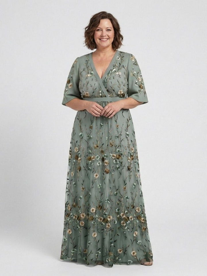 Emeline New York™ | Floral V Neck Short Sleeve Maxi Dress