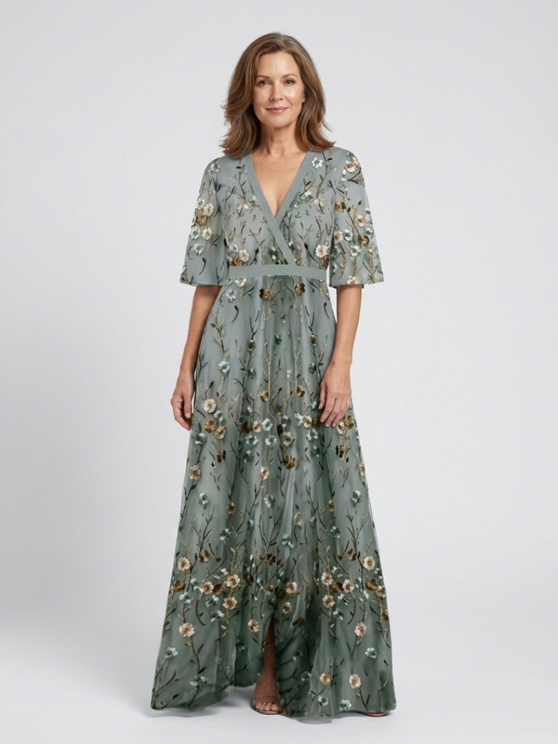 Emeline New York™ | Floral V Neck Short Sleeve Maxi Dress