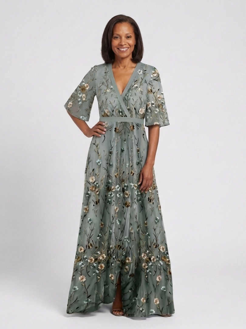 Emeline New York™ | Floral V Neck Short Sleeve Maxi Dress