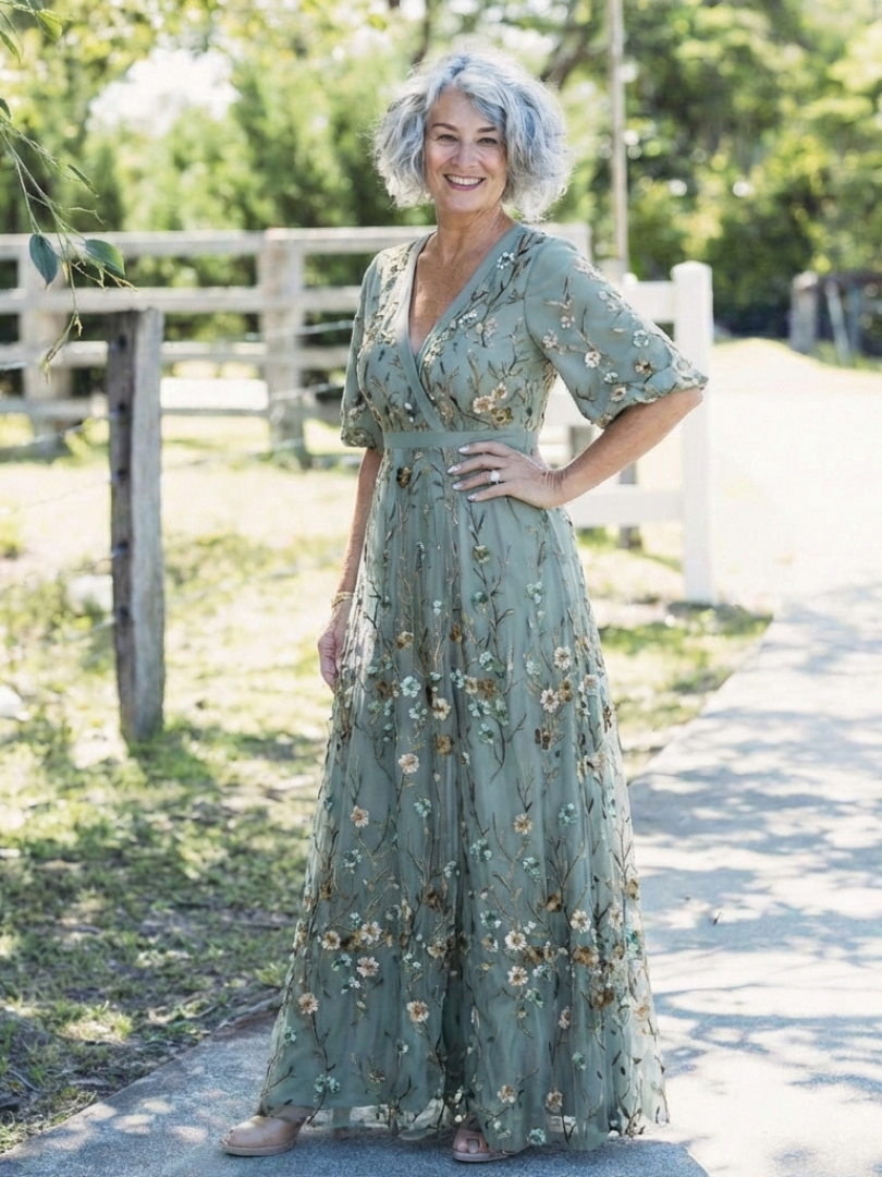 Emeline New York™ | Floral V Neck Short Sleeve Maxi Dress