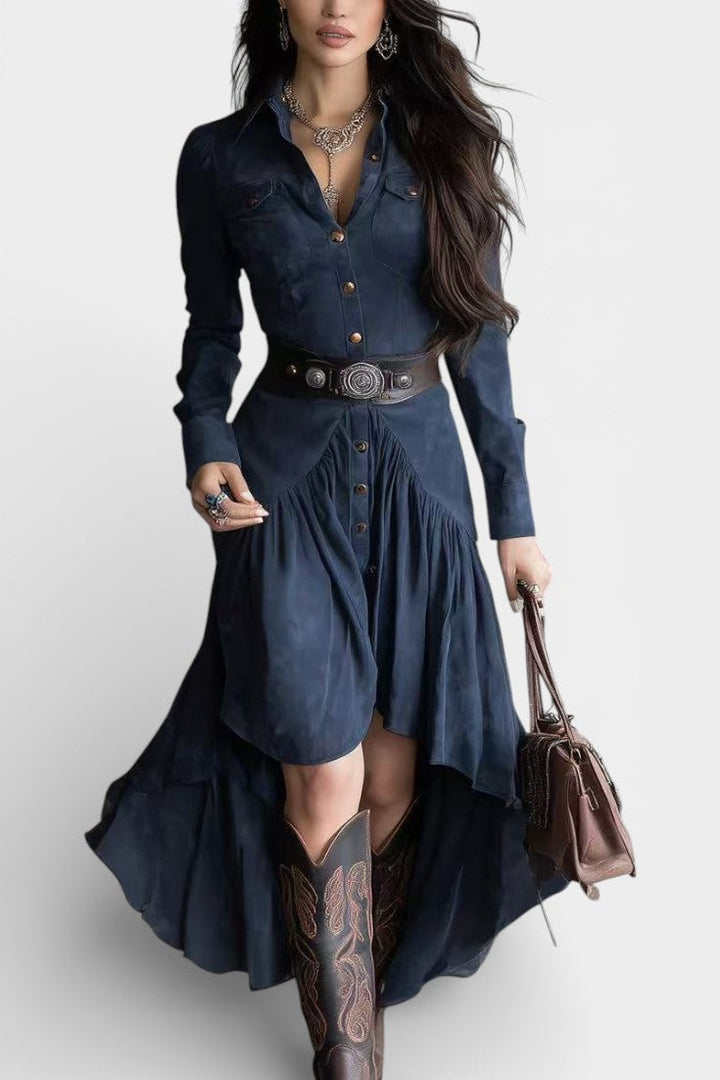Kélia Retro Midi Dress With Asymmetrical Hem &amp; Flap Pockets